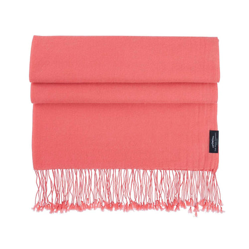 Genuine 100% cashmere pashmina in a rich coral tasselled fringe edge lightweight & warm finest-quality By The Wool Company