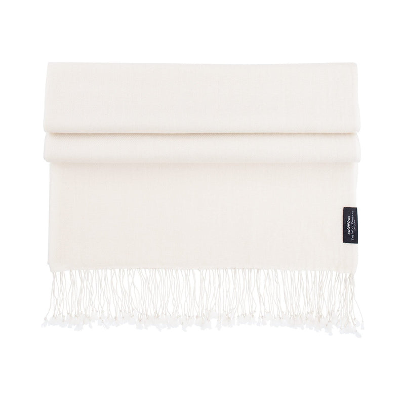 Genuine 100% cashmere pashmina in soft cream with tasselled fringe edge lightweight & warm finest-quality By The Wool Company