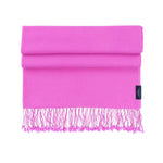 Genuine 100% cashmere pashmina in vibrant pink tasselled fringe edge lightweight & warm finest-quality By The Wool Company