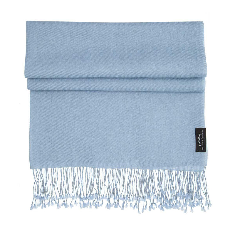 Genuine 100% cashmere pashmina in pale blue with tasselled fringe edge lightweight & warm finest-quality By The Wool Company