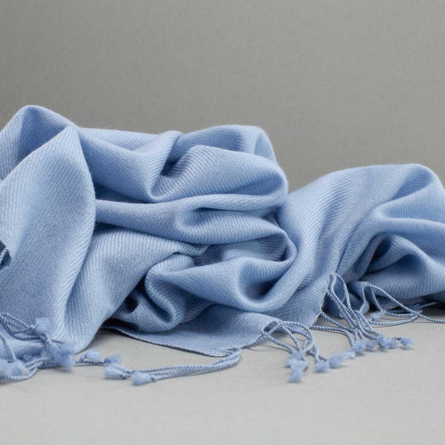 Genuine 100% cashmere pashmina in pale blue colour with a tasselled fringe edge super-soft lightweight & warm finest-quality