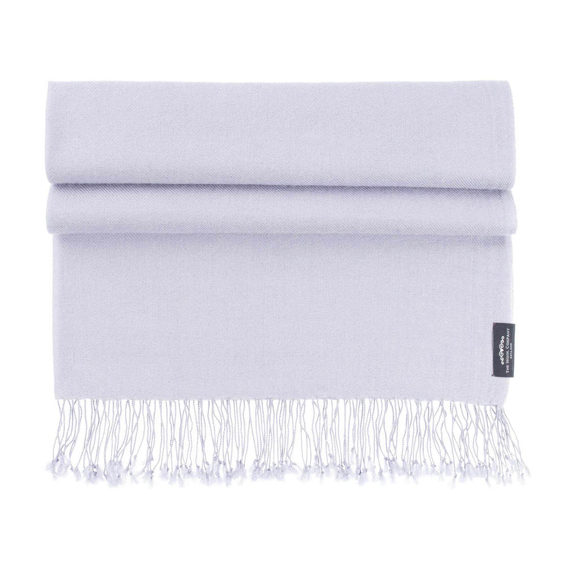 Genuine 100% cashmere pashmina in pearl grey with tasselled fringe edge lightweight & warm finest-quality By The Wool Company