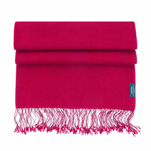 Genuine 100% cashmere pashmina in rich red with a tasselled fringe edge lightweight & warm finest-quality By The Wool Company