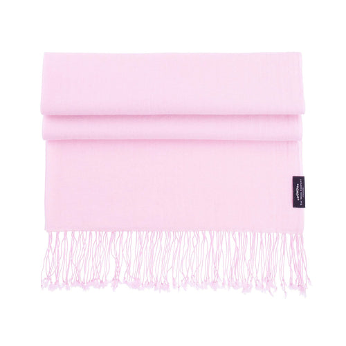 Genuine 100% cashmere pashmina in light soft pink tasselled fringe edge lightweight & warm finest-quality By The Wool Company