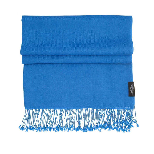 Genuine 100% cashmere pashmina in summer sky blue with tasselled fringe lightweight & warm finest-quality By The Wool Company