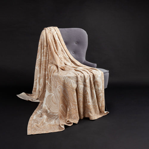 100% cashmere throw super-soft warm & cosy beige golden & cream tones paisley style pattern finest quality luxury throw