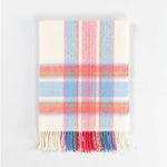 Merino & cashmere blend red pink blue green checks cream background baby blanket with tasselled edge super-soft top-quality