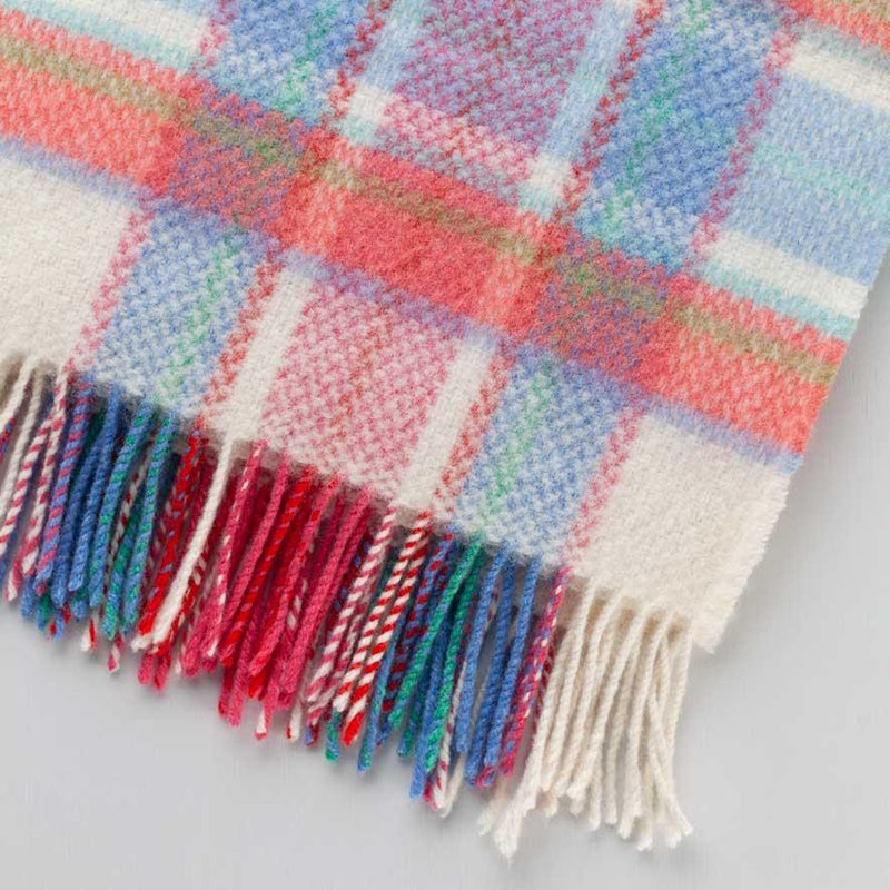 Merino & cashmere blend red pink blue green checks cream background baby blanket with tasselled edge super-soft top-quality