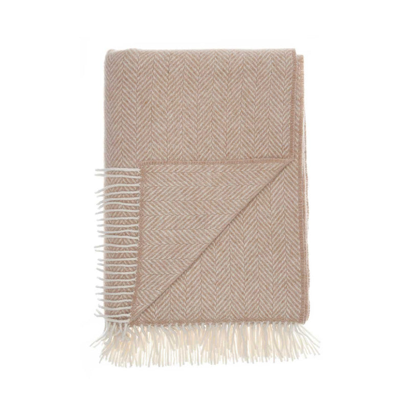 Merino-cashmere blend throw super-soft warm & cosy neutral beige & cream herringbone pattern top-quality By The Wool Company