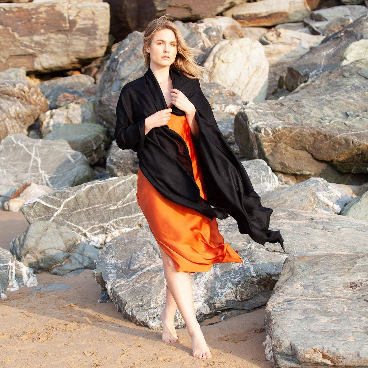 Fine Merino wool shawl in classic black with a soft fringe lightweight & warm generous size top-quality By The Wool Company.