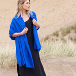 Fine Merino wool shawl in vibrant lapis blue with a soft fringe edge lightweight & warm top-quality By The Wool Company