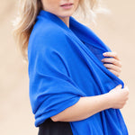 Fine Merino wool shawl in vibrant lapis blue with a soft fringe edge super-soft generous size lightweight & warm top-quality