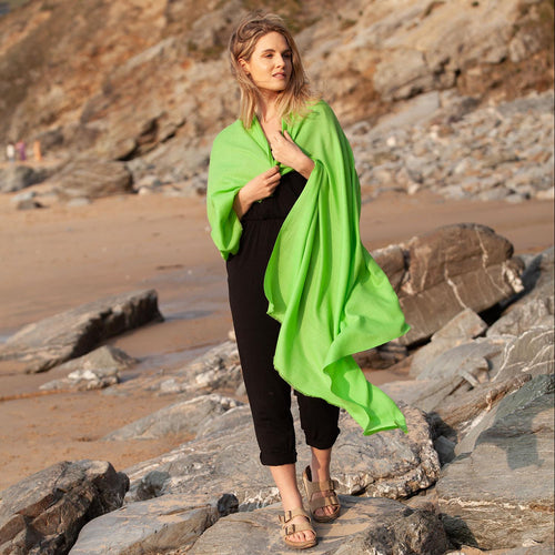 Fine Merino wool shawl in vibrant lime green with a soft fringe edge lightweight & warm top-quality By The Wool Company