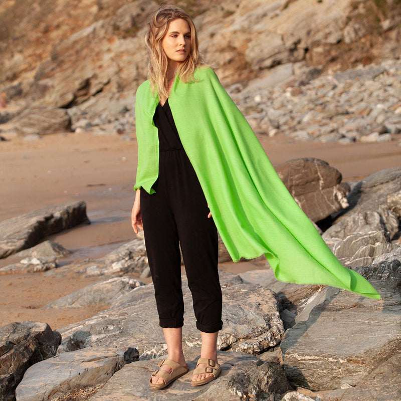 Fine Merino wool shawl in vibrant lime green with a soft fringe edge super-soft generous size lightweight & warm top-quality