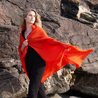 Fine Merino wool shawl in deep vibrant mandarin orange with a soft fringe edge super-soft lightweight & warm top-quality