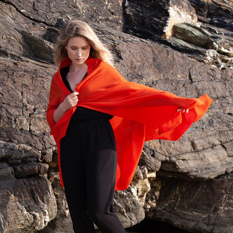 Fine Merino wool shawl in deep vibrant mandarin orange with a soft fringe lightweight & warm top-quality By The Wool Company