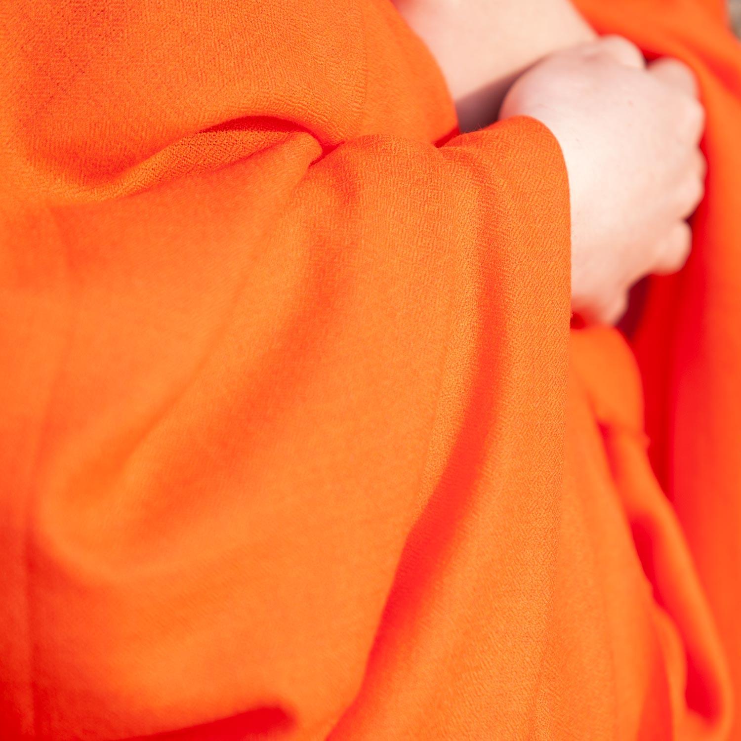 Fine Merino wool shawl in deep vibrant mandarin orange with a soft fringe edge super-soft lightweight & warm top-quality