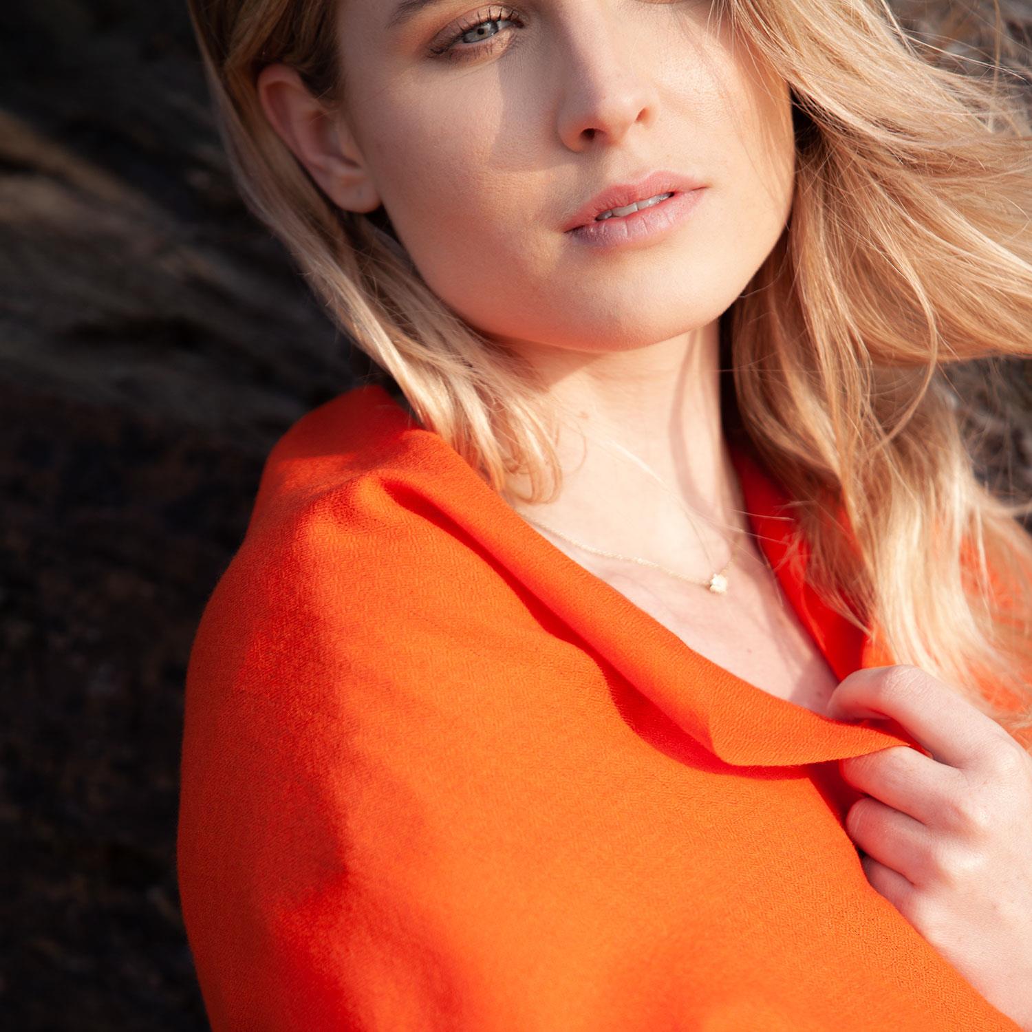 Fine Merino wool shawl in deep vibrant mandarin orange with a soft fringe edge super-soft lightweight & warm top-quality