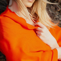 Fine Merino wool shawl in deep vibrant mandarin orange with a soft fringe edge super-soft lightweight & warm top-quality