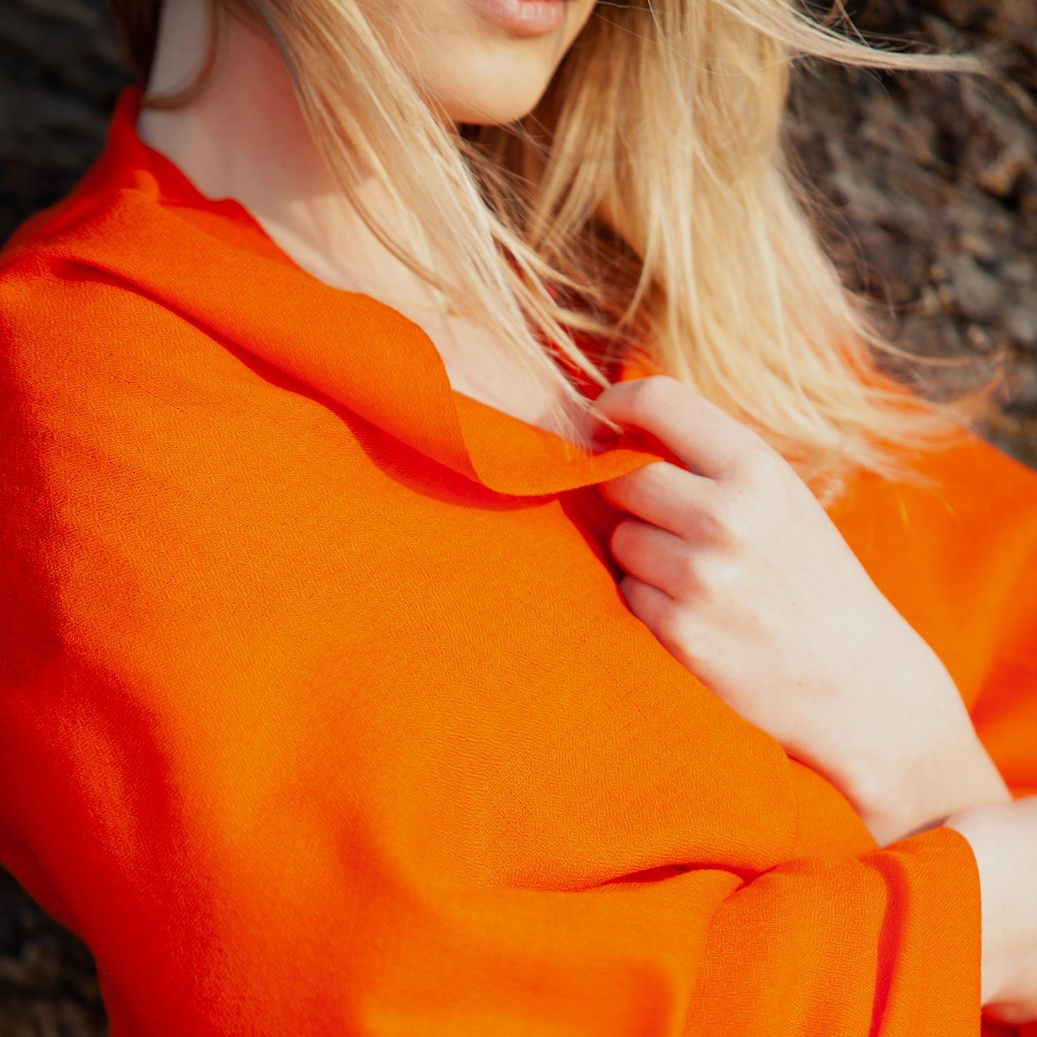 Fine Merino wool shawl in deep vibrant mandarin orange with a soft fringe edge super-soft lightweight & warm top-quality