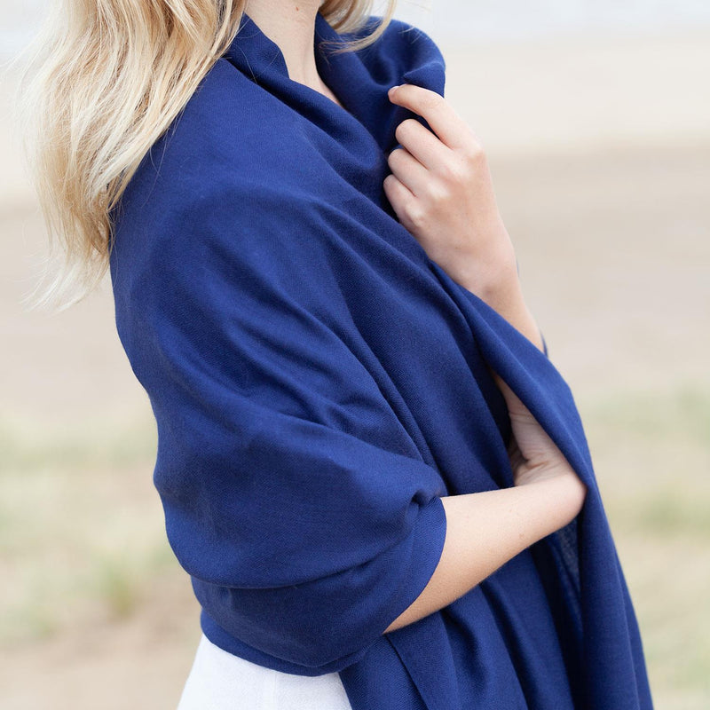 Fine Merino wool shawl in classic navy blue with a soft fringe edge super-soft generous size lightweight & warm top-quality