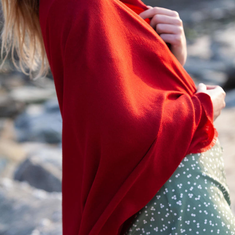 Fine Merino wool shawl in rich russet red with a soft fringe edge super-soft generous size lightweight & warm top-quality