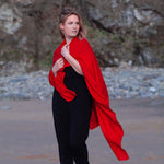 Fine Merino wool shawl in vibrant scarlet with a soft fringe edge super-soft generous size lightweight & warm top-quality