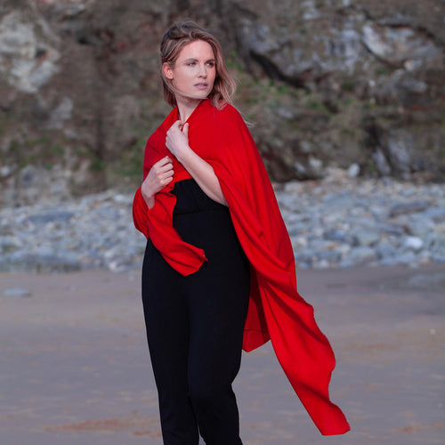 Fine Merino wool shawl in vibrant scarlet with a soft fringe edge super-soft generous size lightweight & warm top-quality