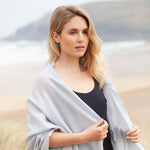 Fine Merino wool shawl in soft silver grey with a soft fringe edge lightweight & warm top-quality By The Wool Company