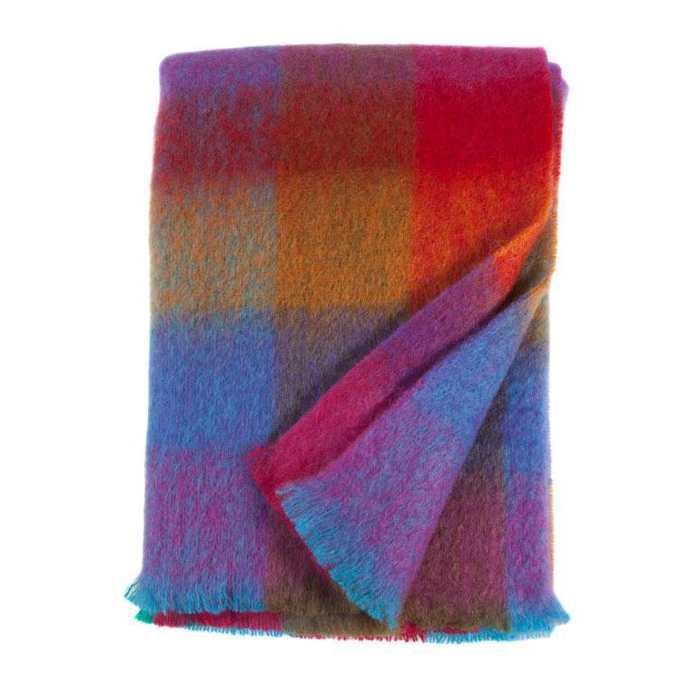 Super-soft thick mohair throw vibrant block check red blue purple & yellow top quality warm, light & cosy By The Wool Company