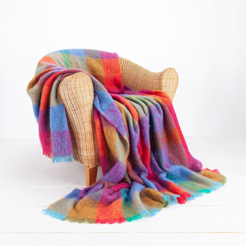 Super-soft, thick mohair throw in vibrant colour block checks in  red, blue, purple & yellow top quality warm, light & cosy 