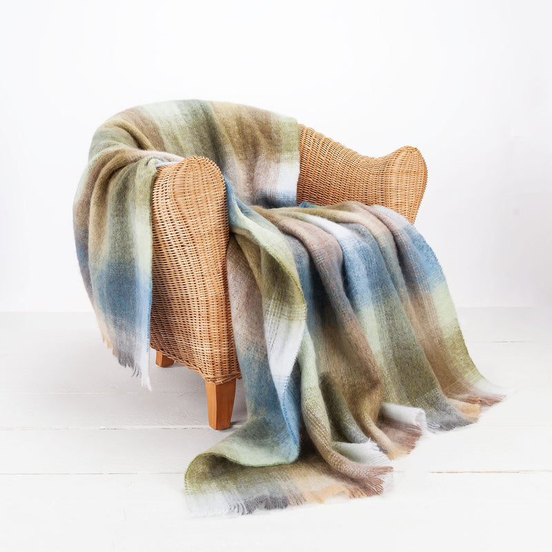 Super-soft, thick luxury mohair throw in natural tones of blue, green & beige checks top quality warm lightweight & cosy