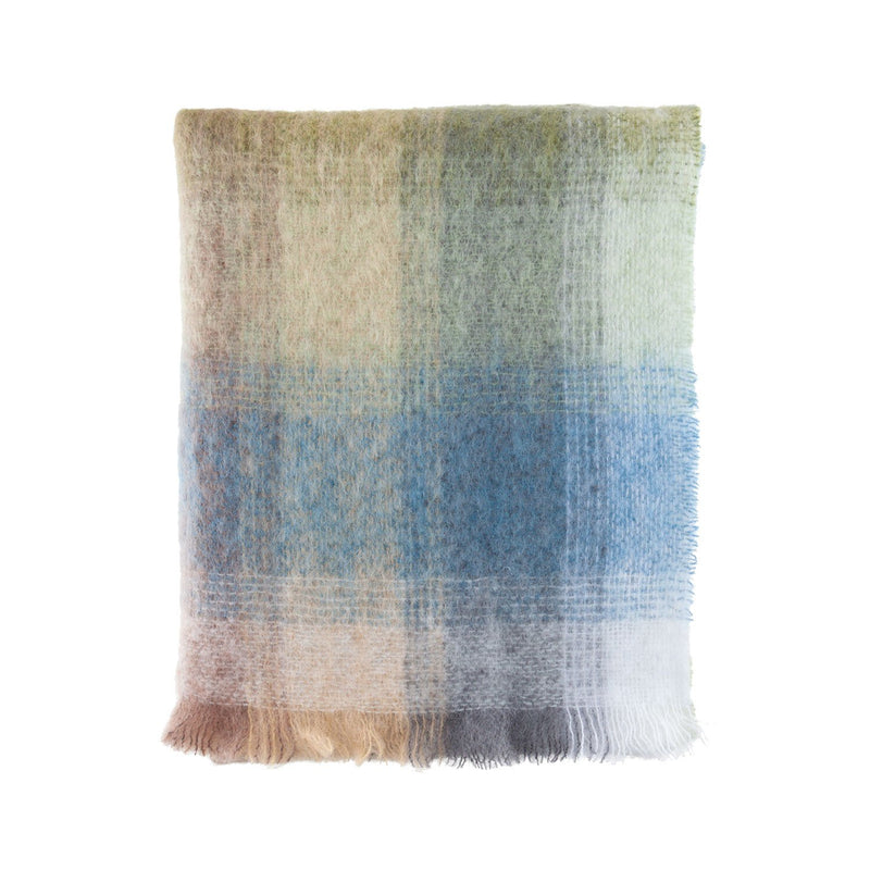 Super-soft, thick luxury mohair throw in natural tones of blue, green & beige checks top quality warm lightweight & cosy