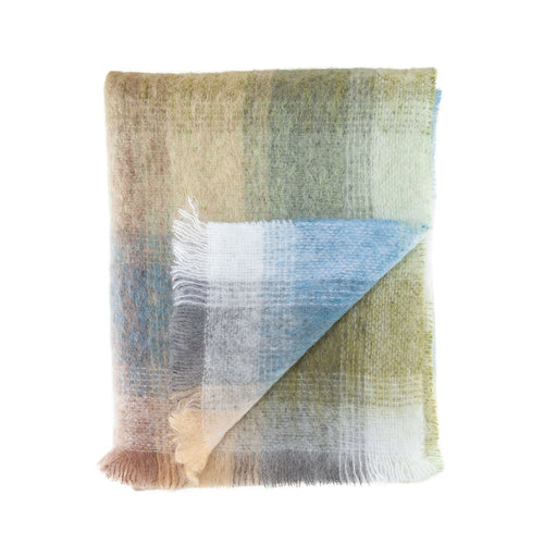 Super-soft, thick mohair throw in natural tones blue, green & beige checks top quality warm light & cosy By The Wool Company