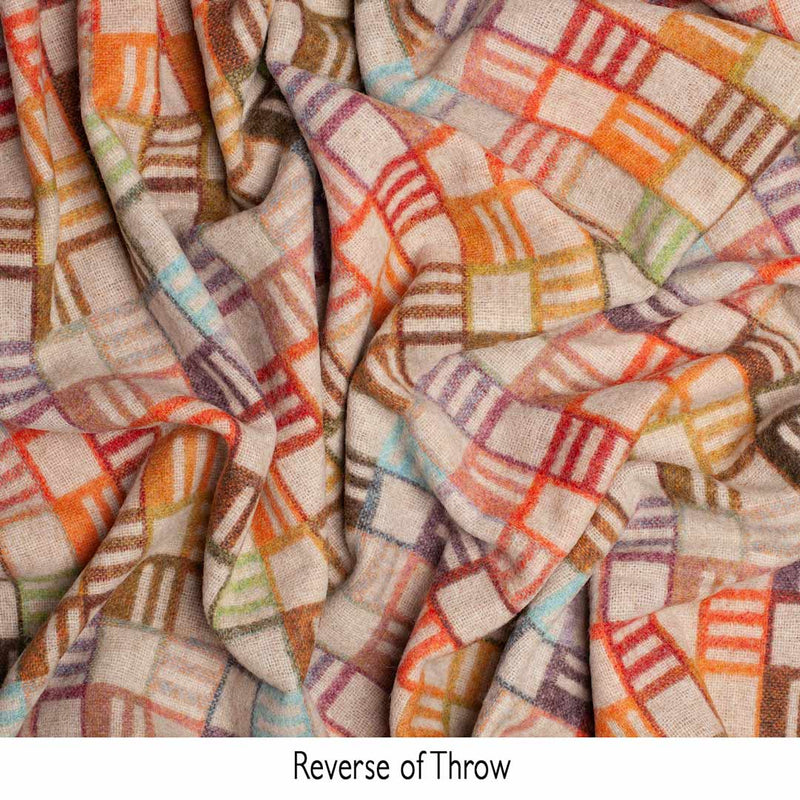 100% Merino lambswool throw multi coloured bright block pattern on beige background top-quality made in England