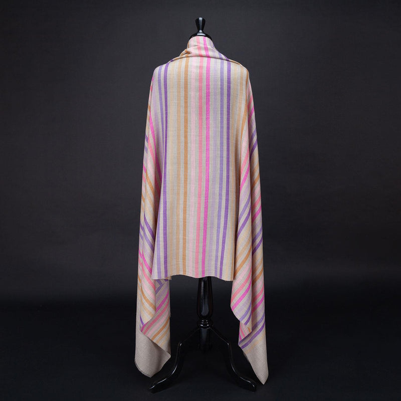 Hand-crafted 100% cashmere pashmina multi-coloured striped design on a neutral background finest-quality super-soft shawl