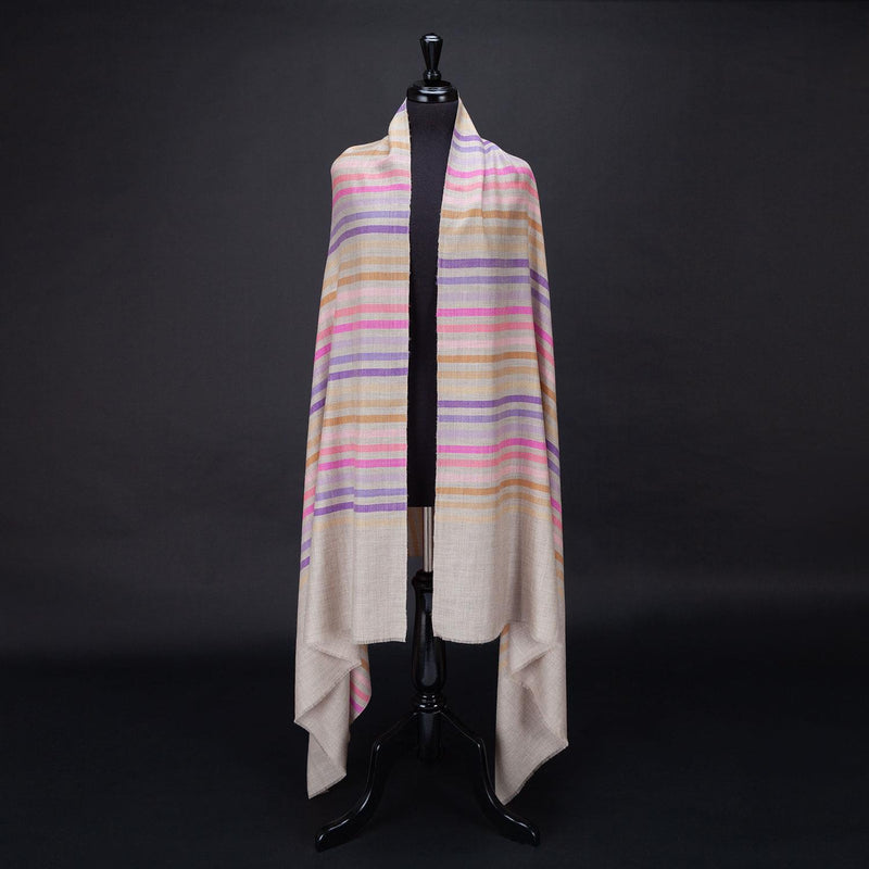 Hand-crafted 100% cashmere pashmina multi-coloured striped design on a neutral background finest-quality super-soft shawl