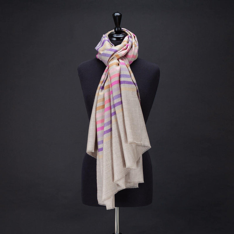 Hand-crafted 100% cashmere pashmina multi-coloured striped design on a neutral background finest-quality super-soft shawl