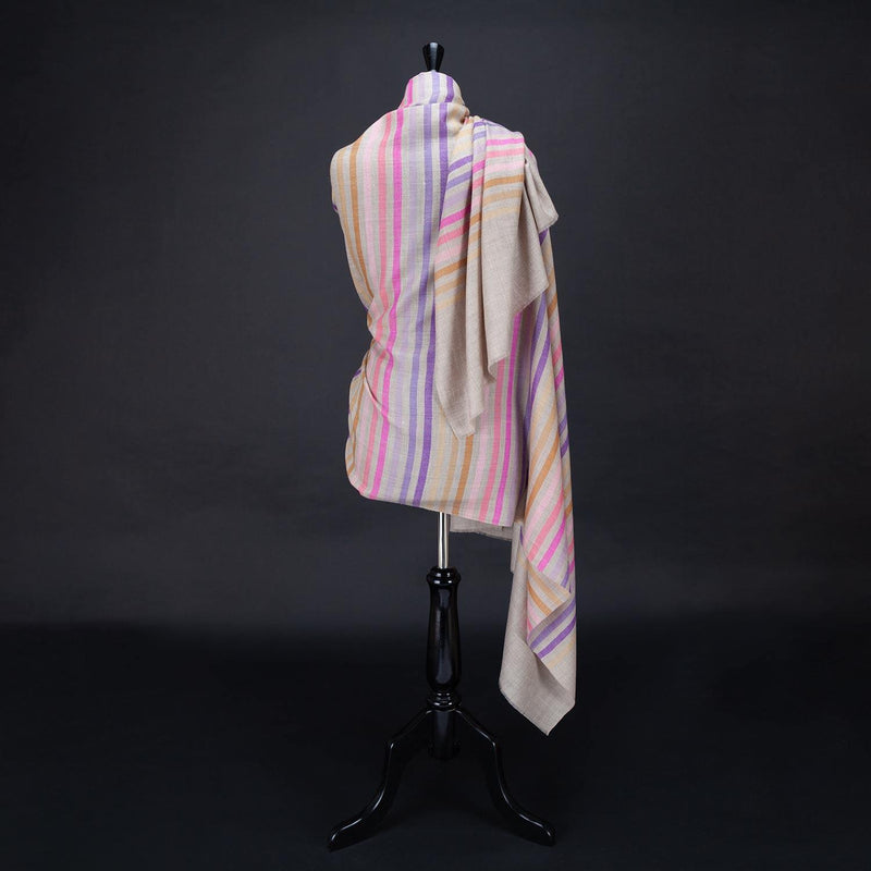 Hand-crafted 100% cashmere pashmina multi-coloured striped design on a neutral background finest-quality super-soft shawl