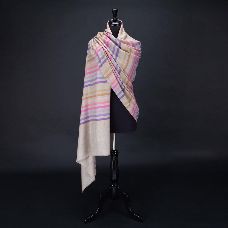 Hand-crafted 100% cashmere pashmina coloured striped design on a neutral background finest-quality From The Wool Company