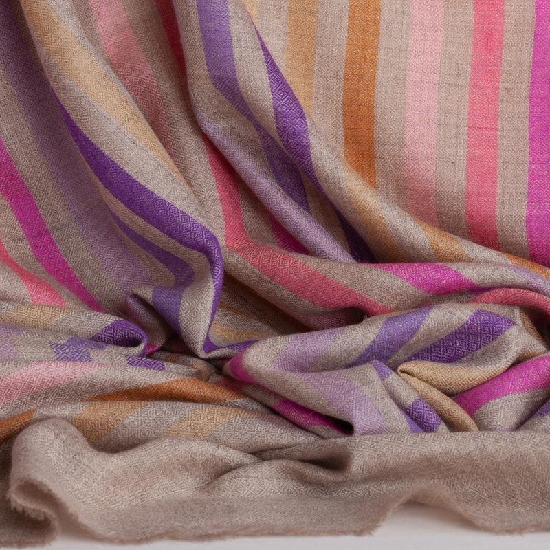 Hand-crafted 100% cashmere pashmina multi-coloured striped design on a neutral background finest-quality super-soft shawl