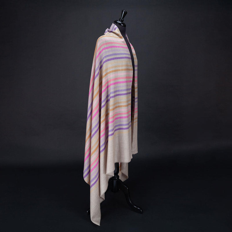Hand-crafted 100% cashmere pashmina multi-coloured striped design on a neutral background finest-quality super-soft shawl