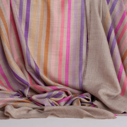 Hand-crafted 100% cashmere pashmina multi-coloured striped design on a neutral background finest-quality super-soft shawl