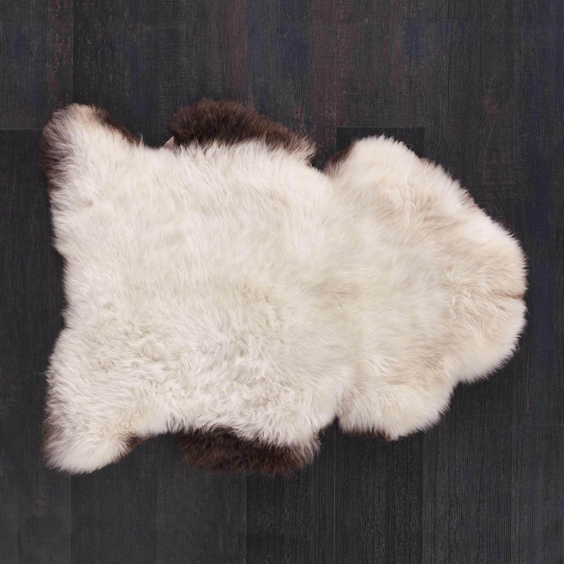 Luxurious, thick long white fleece, strikingly outlined with black and/or dark brown around the edges. From The Wool Company 