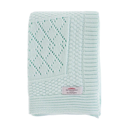 100% softest cotton intricate knitted mint green baby blanket cosy & perfect for all seasons top-quality By The Wool Company