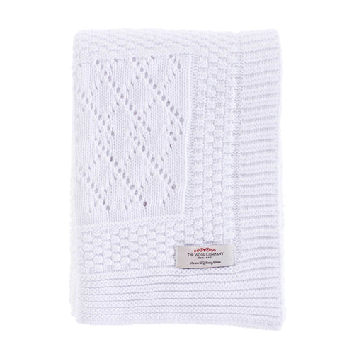 100% softest cotton intricate knitted pure white baby blanket cosy & perfect for all seasons top-quality By The Wool Company