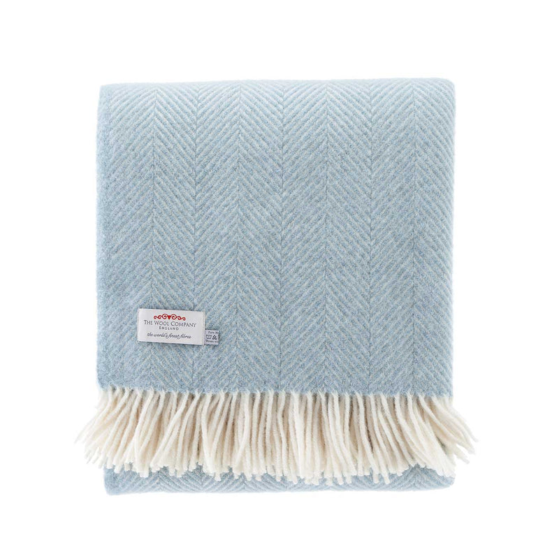 100% pure new wool British-made throw in a soft duck egg blue, fishbone pattern top-quality contemporary subtle colourway