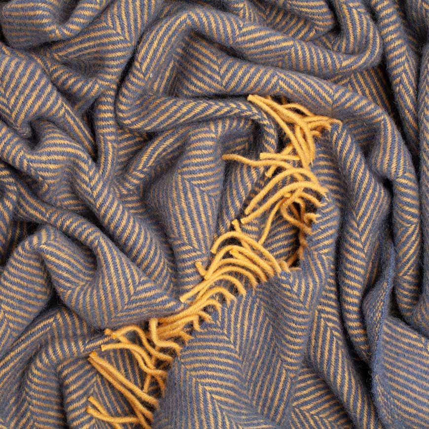 Wool Herringbone Throw Navy Mustard The Wool Company