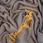 100% pure new wool British-made throw in navy blue and mustard yellow herringbone top-quality contemporary and colourful