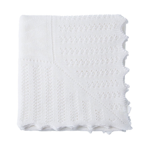 Merino lambswool & cotton bland off white traditional design scalloped edge baby shawl made in England From The Wool Company